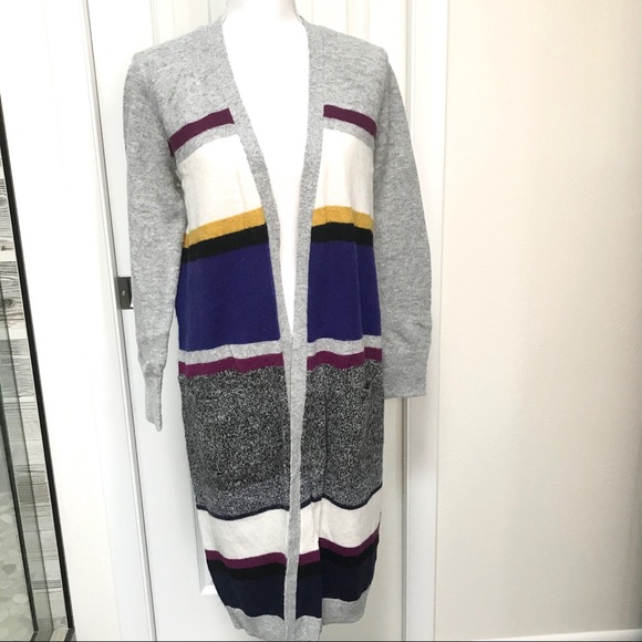 HP 🎉 HALOGEN Color Block Striped Long Cardigan Purple Blue Gray Yellow M - Picture 2 of 6